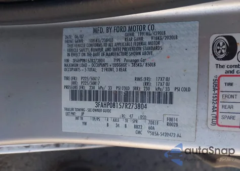 2007 Ford Fusion Sel z USA, uszkodzony, nr VIN 3FAHP08157R273804
